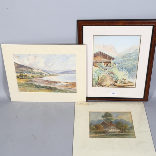 698 - 3 watercolours, landscapes, 2 signed, 1 framed, largest 36cm x 26cm