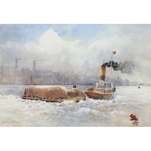 703 - E Lloyd Jones, tug boat on river, watercolour, signed and dated 1908, 34cm x 23cm, framed