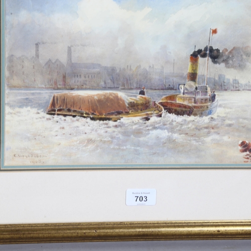 703 - E Lloyd Jones, tug boat on river, watercolour, signed and dated 1908, 34cm x 23cm, framed