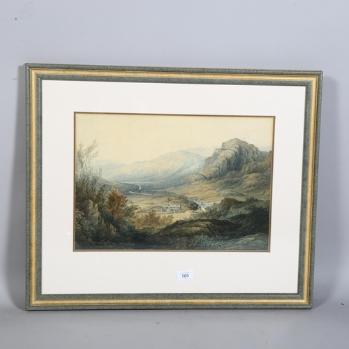 705 - An 18th/19th century watercolour, extensive Highland landscape, unsigned, 43cm x 29cm, framed