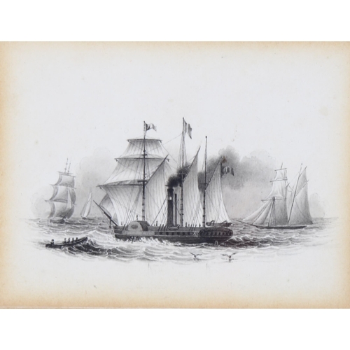 706 - A miniature drawing of 19th century paddle steamer and ships, in the manner of Samuel Atkins, unsign... 