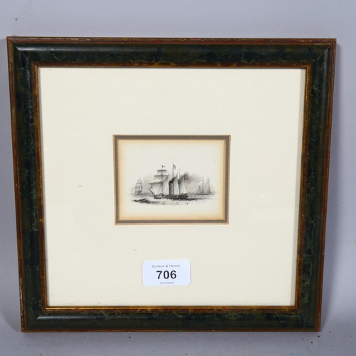 706 - A miniature drawing of 19th century paddle steamer and ships, in the manner of Samuel Atkins, unsign... 