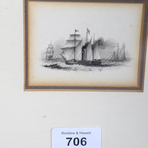 706 - A miniature drawing of 19th century paddle steamer and ships, in the manner of Samuel Atkins, unsign... 