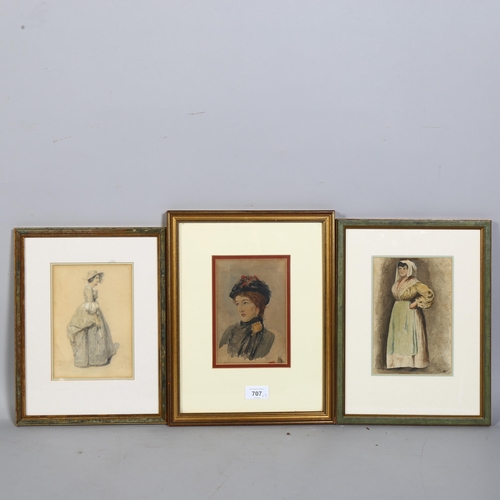 707 - 3 x 19th century watercolour portraits of women, 2 signed, largest 18cm x 13cm, all framed