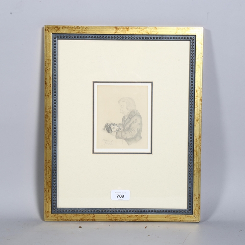 709 - A 19th century pencil sketch of Turner holding 1 of his watercolours, details verso, 13cm x 10.5cm, ... 