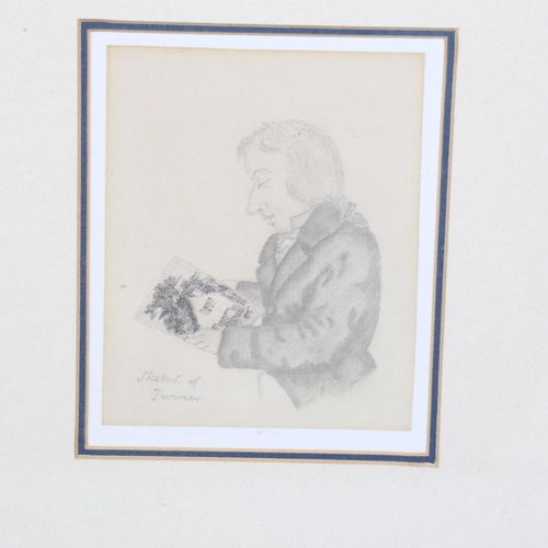 709 - A 19th century pencil sketch of Turner holding 1 of his watercolours, details verso, 13cm x 10.5cm, ... 