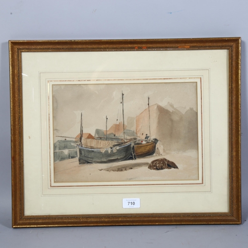 710 - Attributed to Peter De Wint (1784 - 1849), Hastings fishing boats on shore, watercolour, 31.5cm x 21... 