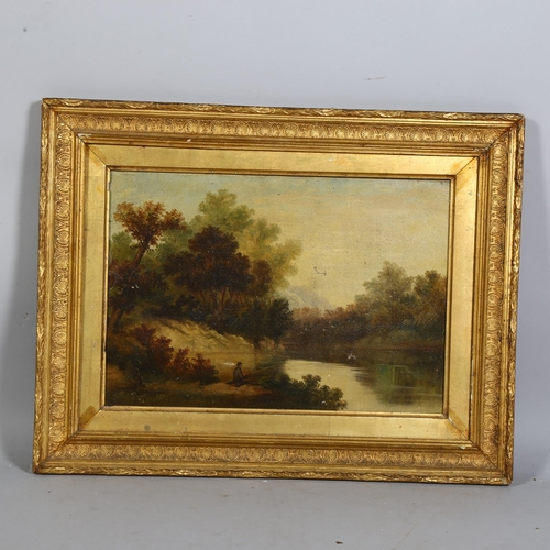 718 - K Davison, early 19th century, man fishing, oil on canvas, 43cm x 29cm, framed