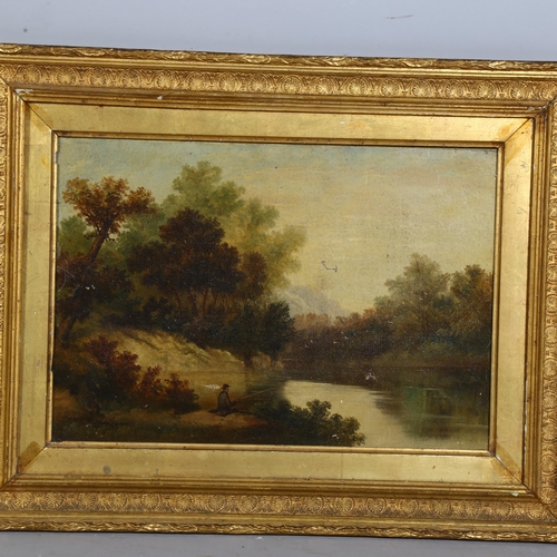 718 - K Davison, early 19th century, man fishing, oil on canvas, 43cm x 29cm, framed