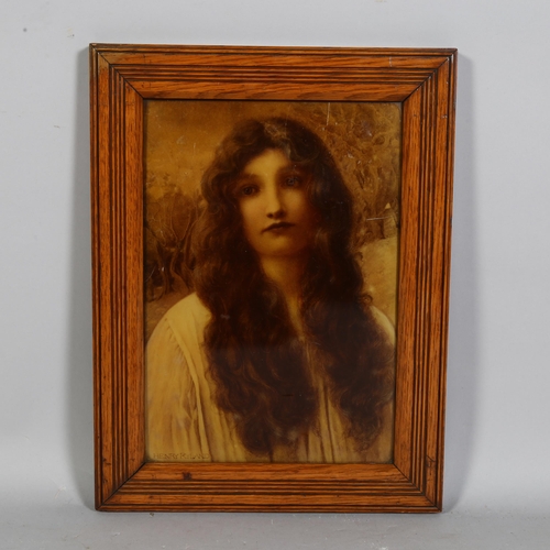 727 - A convex glass crystoleum, portrait of a young woman, after Henry Ryland, 27cm x 19cm, in original f... 