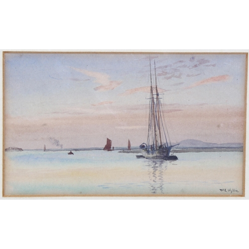 728 - William Lionel Wyllie (1851-1931), yacht moored in estuary, watercolour, label verso, 16cm x 10cm, f... 