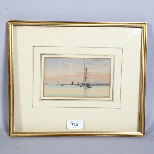 728 - William Lionel Wyllie (1851-1931), yacht moored in estuary, watercolour, label verso, 16cm x 10cm, f... 