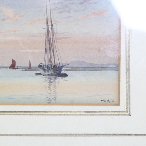 728 - William Lionel Wyllie (1851-1931), yacht moored in estuary, watercolour, label verso, 16cm x 10cm, f... 