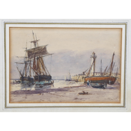 729 - 19th century, fishing boats beached at Margate, watercolour, indistinctly signed, 18cm x 12cm, frame... 