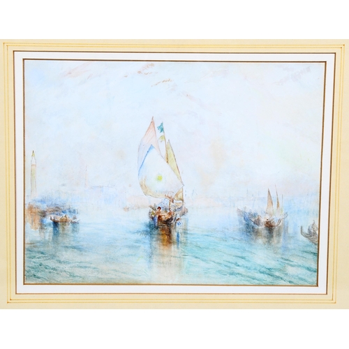 730 - Manner of J M W Turner, watercolour of boats in Venice, 29cm x 22cm, framed