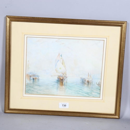 730 - Manner of J M W Turner, watercolour of boats in Venice, 29cm x 22cm, framed