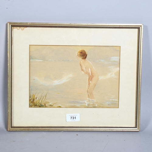 731 - Early 20th century, female nude by lakeside, watercolour, monogram WW dated 1916, 25cm x 17cm, frame... 