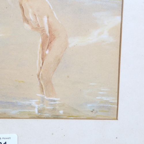 731 - Early 20th century, female nude by lakeside, watercolour, monogram WW dated 1916, 25cm x 17cm, frame... 