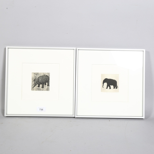 736 - 2 limited edition prints of Thai elephant, both 7 of 20, indistinctly signed, 8cm x 8cm, framed