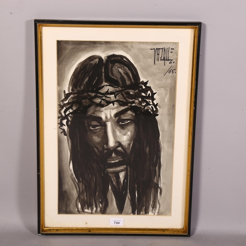 744 - A monochrome watercolour of Christ in crown of thorns, indistinctly signed, dated -65, 48cm x 31cm, ... 