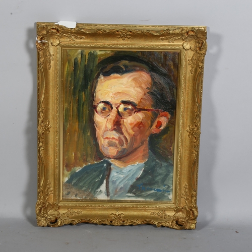 745 - 20th century impressionist portrait of a man, oil on canvas, indistinctly signed, 37cm x 27cm