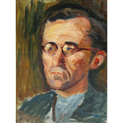 745 - 20th century impressionist portrait of a man, oil on canvas, indistinctly signed, 37cm x 27cm