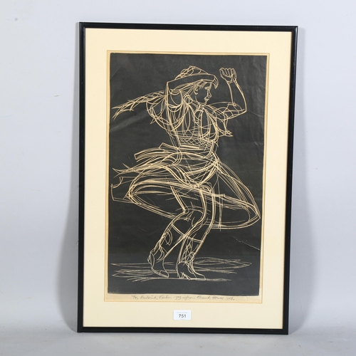 751 - Frank Howes (1916-1989), woodblock print of dancing figure, signed and dated 1956, framed, 54cm x 33... 