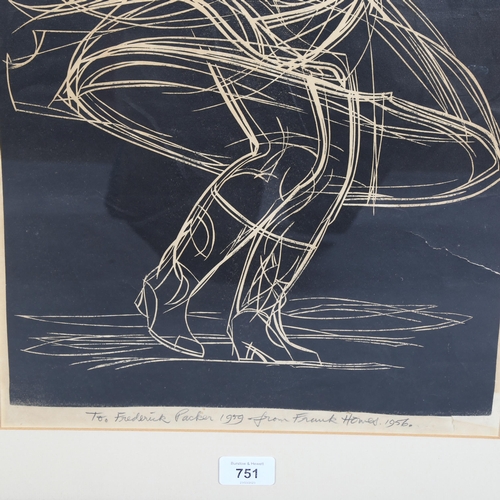 751 - Frank Howes (1916-1989), woodblock print of dancing figure, signed and dated 1956, framed, 54cm x 33... 