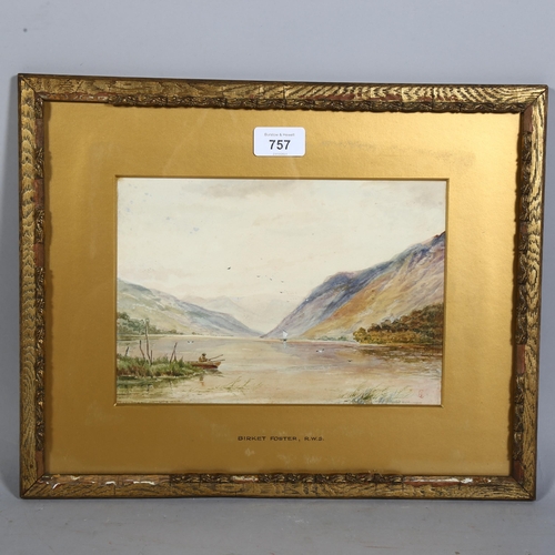 757 - After Birket Foster, wood colour of Highland loch scene, 24.5cm x 17cm, framed