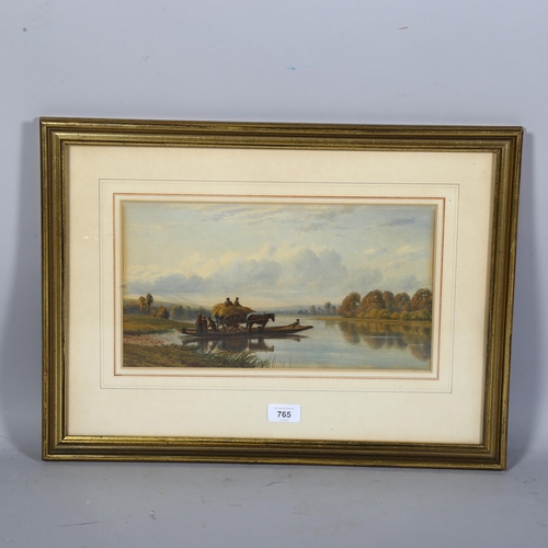 765 - 19th century English School, hay cart crossing river, watercolour, unsigned, 35.5cm x 19cm, framed