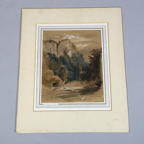 766 - Attributed John Skinner Prout (1806-1976), river with mountain view, watercolour, 32cm x 24cm, mount... 