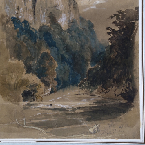 766 - Attributed John Skinner Prout (1806-1976), river with mountain view, watercolour, 32cm x 24cm, mount... 