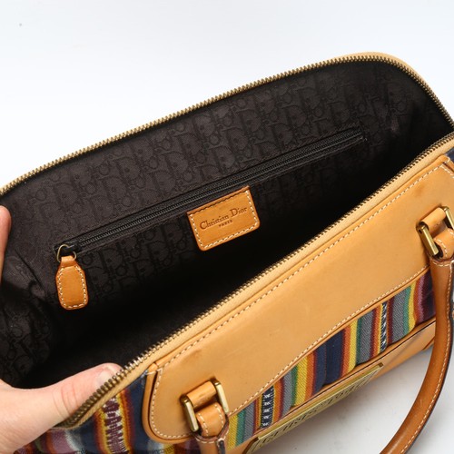 99 - CHRISTIAN DIOR - a Vintage Montaigne Cadillac handbag, in tan leather and multi coloured fabric, jac... 