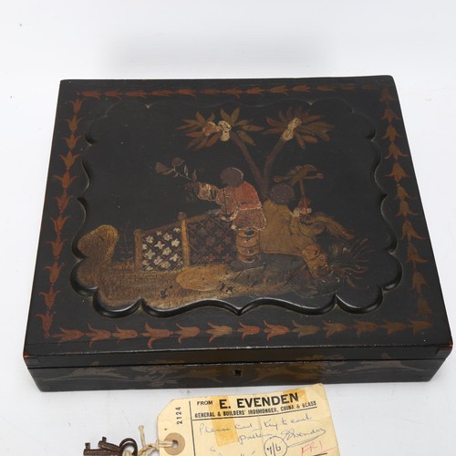 246 - An antique chinoiserie lacquer games counter box, with a large collection of games counters, bone, M... 