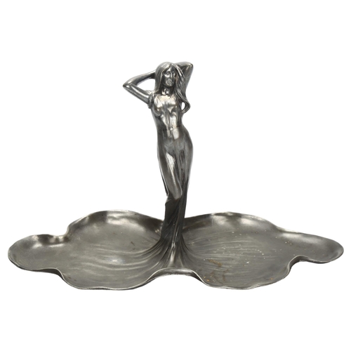 120 - An Art Nouveau WMF pewter serving dish, with female figure  rising from lily pads, makers stamp to b... 