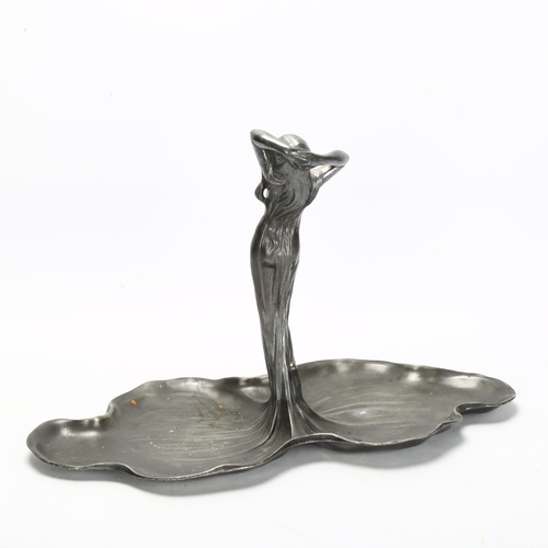 120 - An Art Nouveau WMF pewter serving dish, with female figure  rising from lily pads, makers stamp to b... 