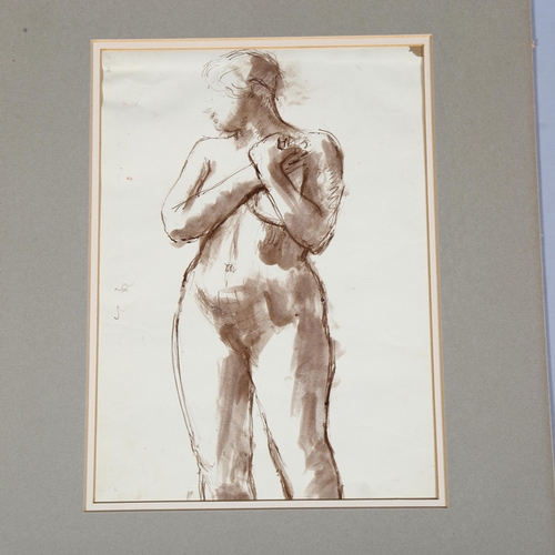 802 - Circle of Augustus John, a standing nude, watercolour, 25cm x 35cm, unframed.