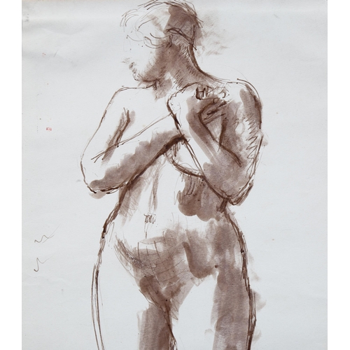 802 - Circle of Augustus John, a standing nude, watercolour, 25cm x 35cm, unframed.