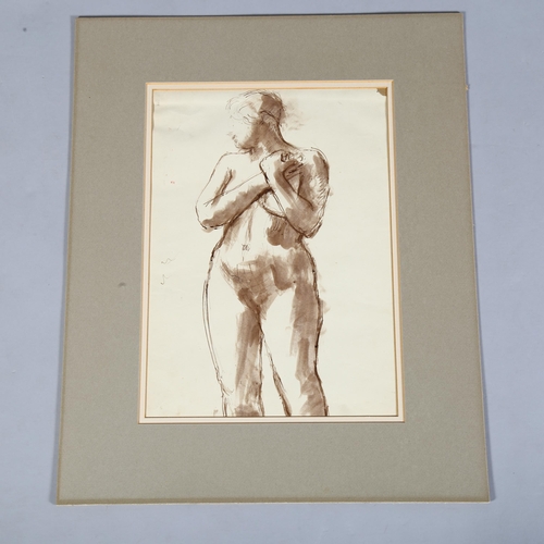 802 - Circle of Augustus John, a standing nude, watercolour, 25cm x 35cm, unframed.