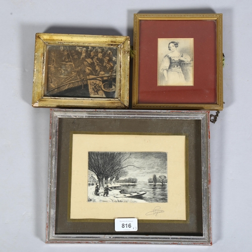 816 - Three 19th century images, two prints and one drawing?, largest image 14cm x 8.5cm, framed.