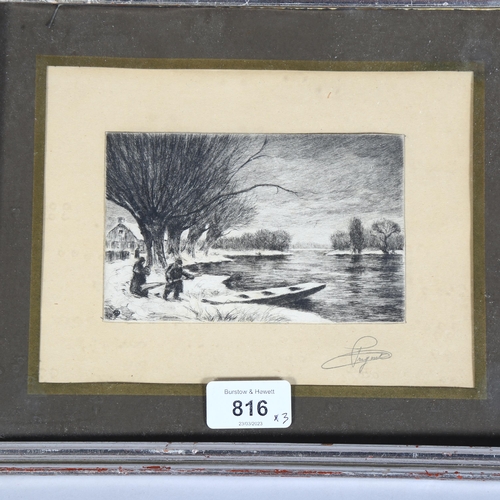 816 - Three 19th century images, two prints and one drawing?, largest image 14cm x 8.5cm, framed.