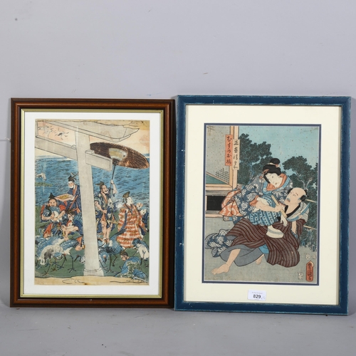 829 - Two Japanese coloured woodblock prints, an interior scene and a procession, 33cm x 23cm, framed and ... 