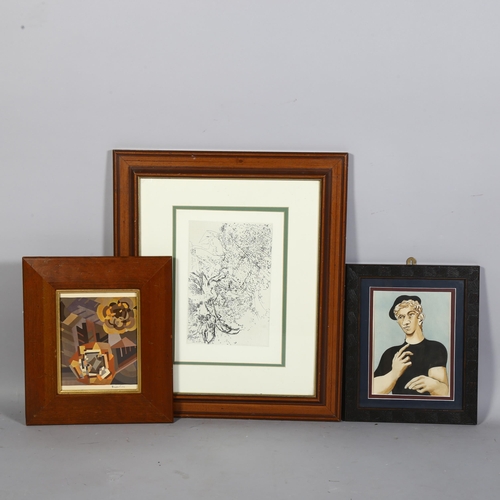 830 - Two 1920s pochoir prints one portrait and one abstract, plus a 1960s etching by Madelaine Vesserean ... 