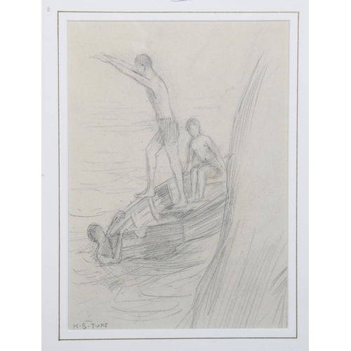 856 - Manner of Henry Scott Tuke, two pencil sketches, bathers, and a boating scene.