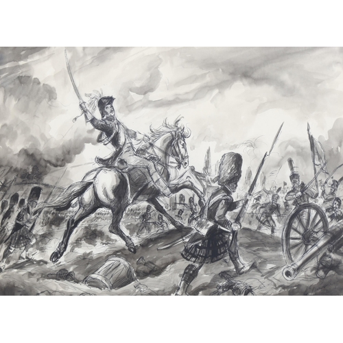 861 - Leo Rawlings (1918-1990), the Battle of Waterloo, monochrome watercolour/ink sketch on paper, signed... 