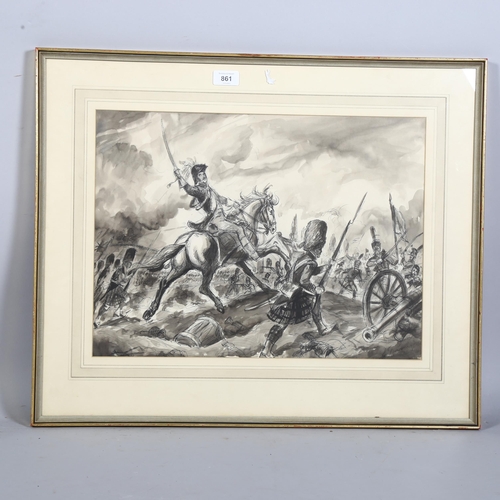 861 - Leo Rawlings (1918-1990), the Battle of Waterloo, monochrome watercolour/ink sketch on paper, signed... 