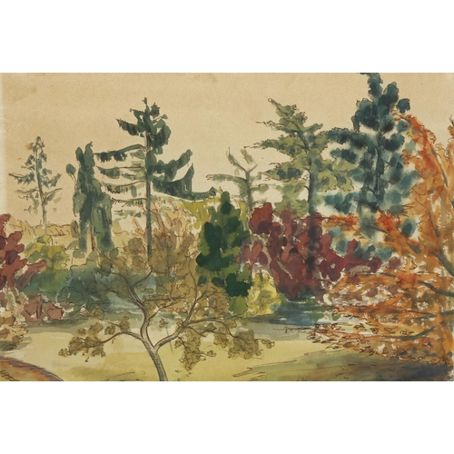 863 - Mid-century, tree landscape, ink and colour wash, unsigned, 27cm x 38cm, framed and glazed