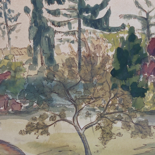 863 - Mid-century, tree landscape, ink and colour wash, unsigned, 27cm x 38cm, framed and glazed