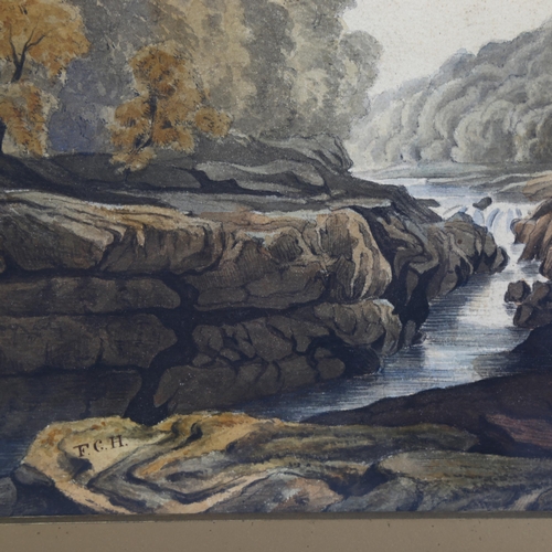 867 - 19th century English School, figures by a river, watercolour, signed monogram FCH, 24cm x 29cm, fram... 