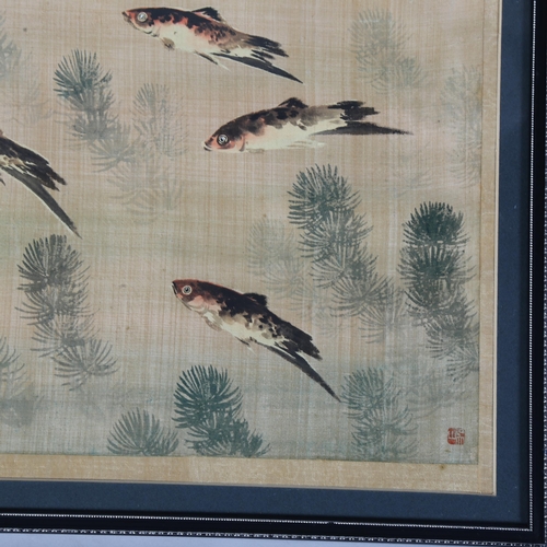 868 - A pair of Chinese School watercolour on silk, 1 with fish, another with horses, signed with stamps, ... 